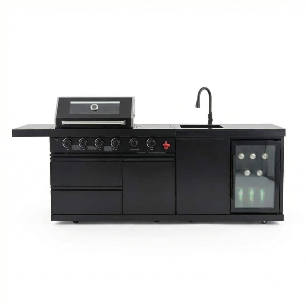 6-Burner Portable Dual Fuel Grill in Silver Black with Sink, Refrigerator and Rotisserie Kit