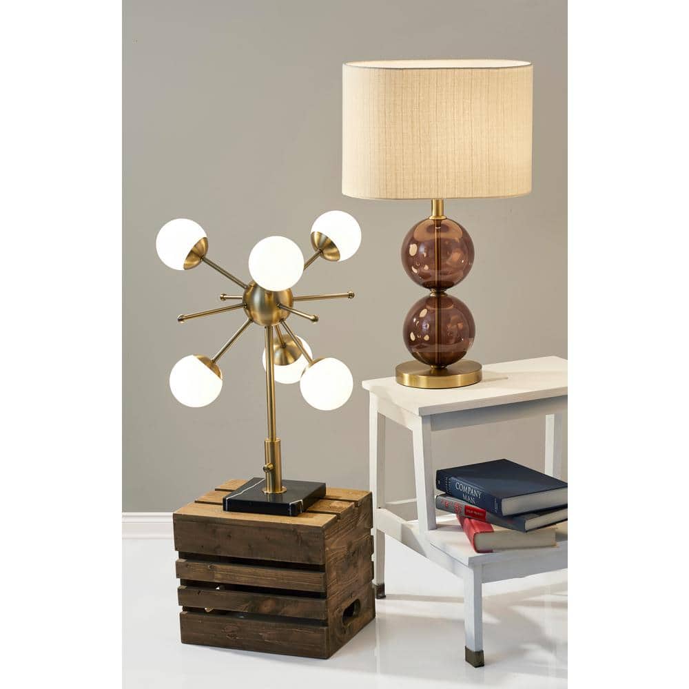 Mid-Century Modern Antique Brass Doppler LED Desk Lamp with White Opal Shades