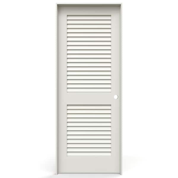 JELD-WEN 28 in. x 80 in. 2 Panel Louver Left-Handed Solid Core Primed Wood Single Prehung Interior Door with Satin Nickel Hinges