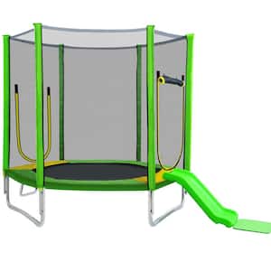 Green 7 ft. Trampoline for Kids with Safety Enclosure Net, Slide and Ladder