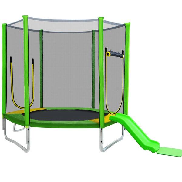 TIRAMISUBEST 84 in. Outdoor/Indoor Recreational Trampoline with Safety Enclosure Net, Slide and Ladder in Green
