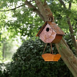 13 in. H Distressed Solid Wood Birdhouse with Bird Bath