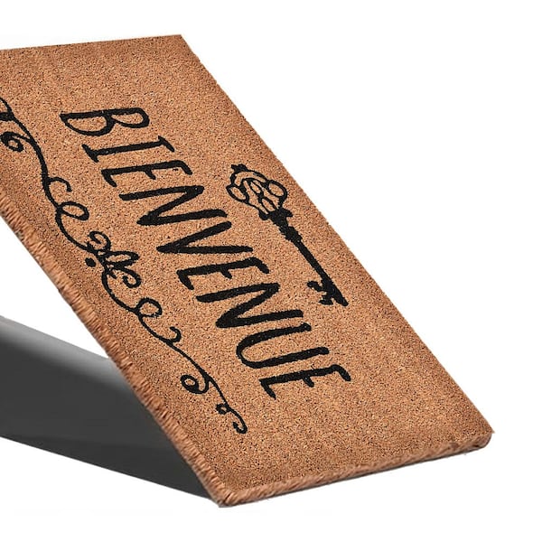 Evideco 16 in. x 24 in. Natural Sheltered Printed Front Door Mat Bienvenu Coir Coco Fibers
