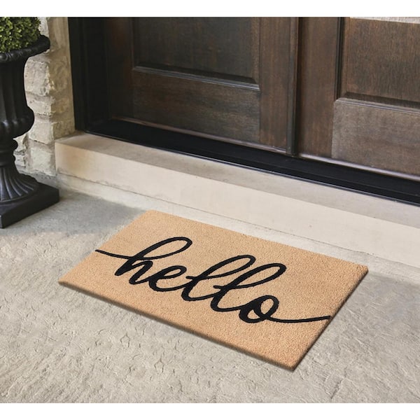 A1HC Black Hello 24 in. x 36 in. Natural Coir Heavy Duty Non Slip PVC Backing Outdoor Welcome Mat