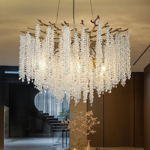 25 in 6-Light Modern Antique Brass Crystal Chandelier Glam Branch Style Pendant Ceiling Light for Dining Room Bedroom
