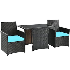 3-Piece Patio Wicker Bistro Set PE Rattan Dining Table Set with Turquoise Cushions