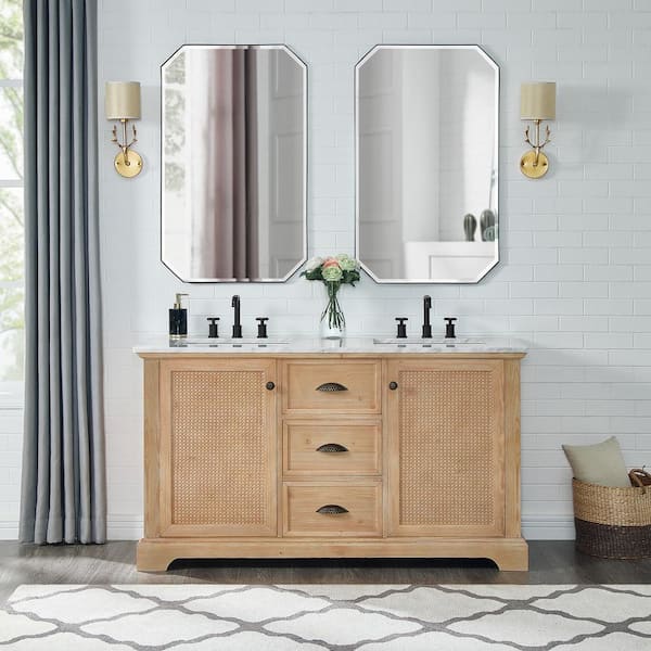ROSWELL Hervas 60 in.W x 22 in.D x 33.8 in.H Double Sink Bath Vanity in Fir Brown with White Carrara Marble Top and Mirror