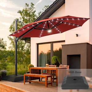 11 ft. Aluminum Cantilever Patio Umbrella with a Base, Outdoor Offset Hanging Rotation with Solar LED Lights in Red