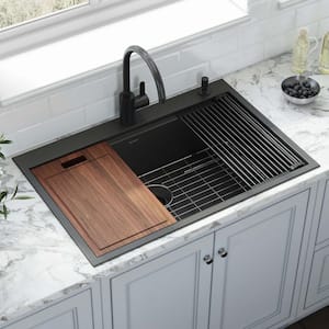 Giana Gunmetal Black Stainless Steel 33 in. Single Bowl Drop-In Workstation Kitchen Sink