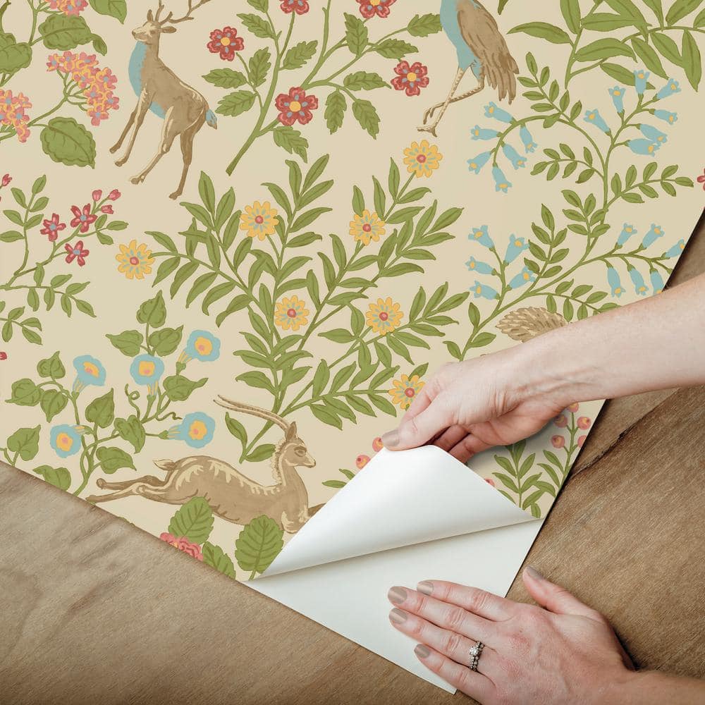 Linen Tan and Green Floral Peel and Stick Wallpaper