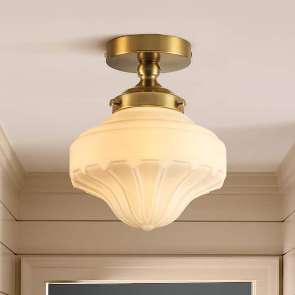 Kegley 1-Light 8.66 in. Brushed Gold Modern Glass Ice-cream Semi-Flush Mount Ceiling Light