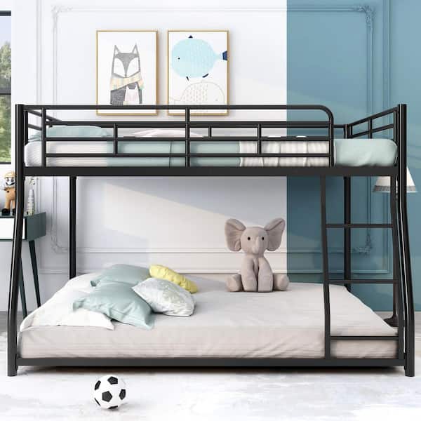 Black Full XL over Queen Metal Floor Bunk Bed with Ladder