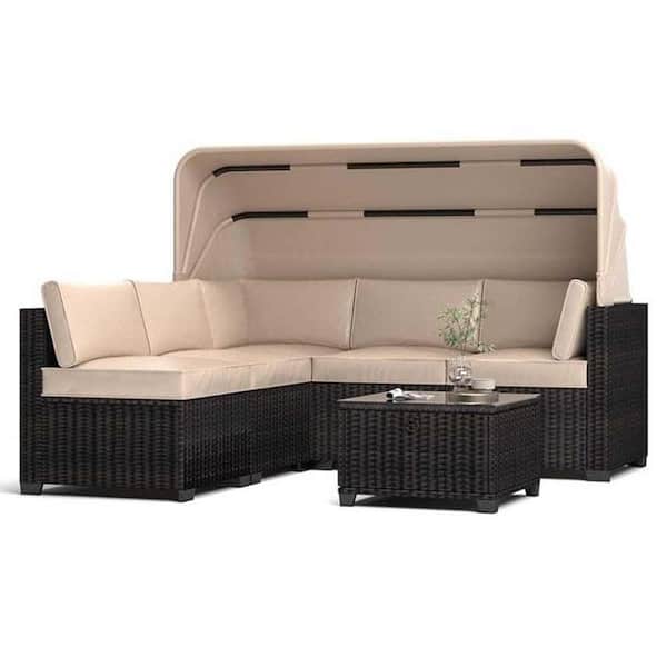 homfan Patio Sectional Brown Wicker 6-Piece, Outdoor Sectional Set, with Cushion Guard Beige, Beige Cushions