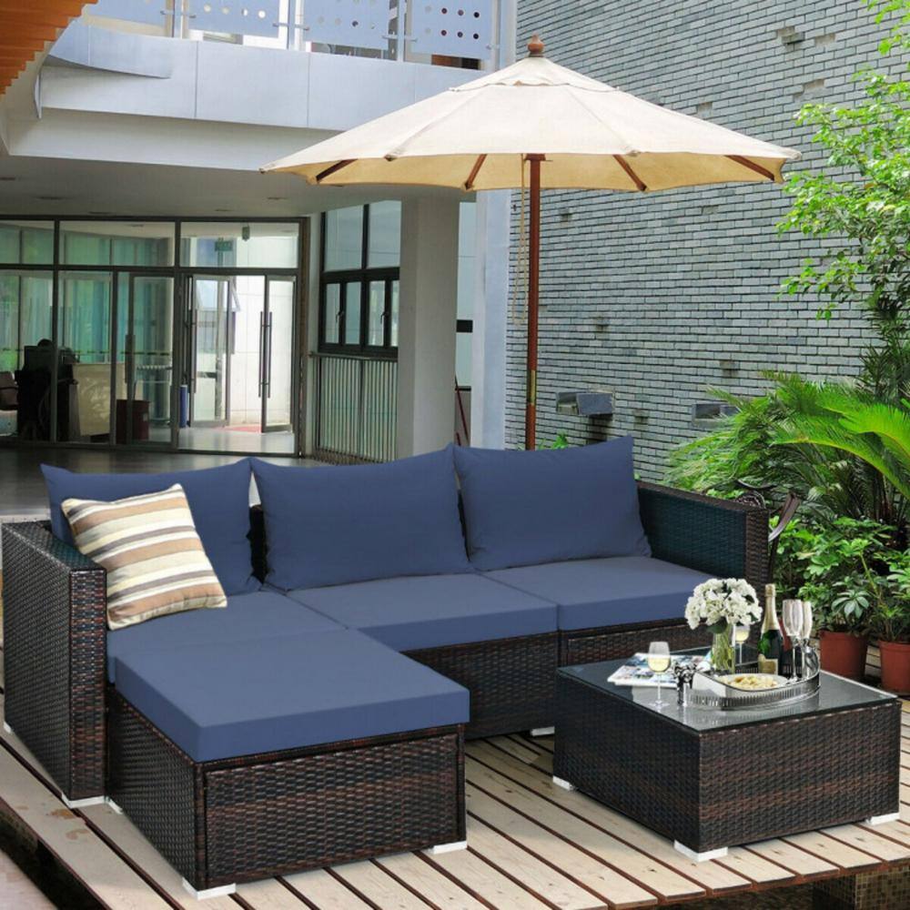 Navy Cushioned 5-Piece Brown Aluminum Patio Set
