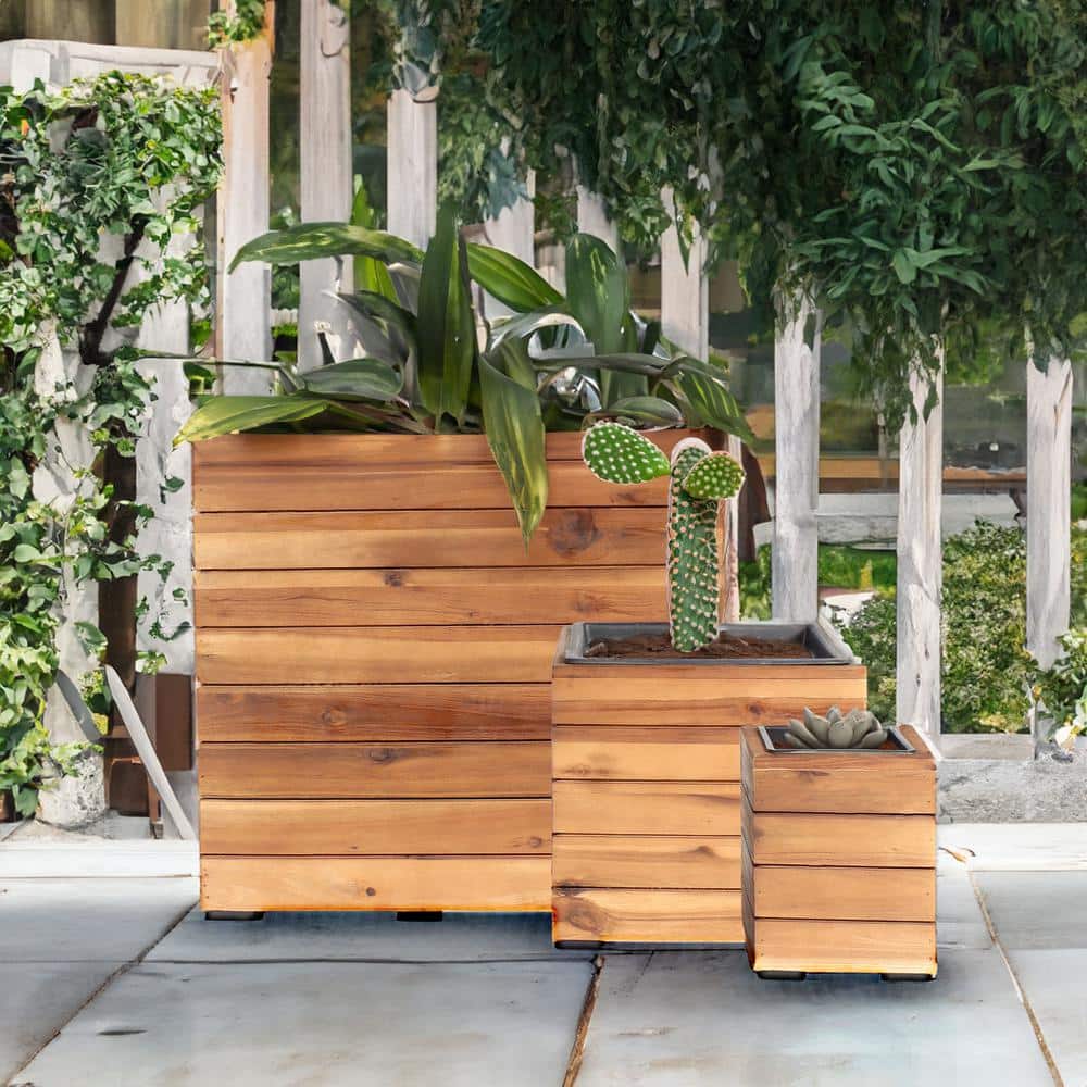 Set of 3 Light Brown Acacia Wood Square Planter Boxes with Plastic Liners
