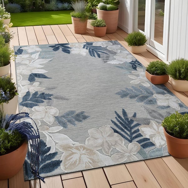 Beverly Rug Eden 10 ft. x 14 ft. Blue Washable Border Floral