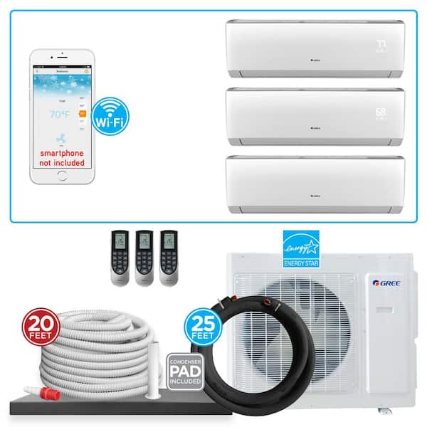 GREE Ultra ENERGY STAR 3-Zone 29000 BTU 2.5-Ton Wi-Fi Ductless Mini Split Air Conditioner Heat Pump 25 ft. Install Kit 230V
