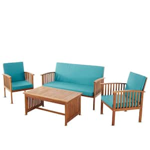 4-Piece Brown Patina Acacia Wood Outdoor Sectional Sofa Set with Teal Cushions