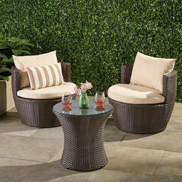 Harper & Bright Designs Brown 3-Piece Rattan and Aluminum Frame Outdoor Patio Chat Set with Coffee Table and Beige Cushions