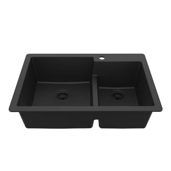 QT-811 Quartz 33 in. 60/40 Double Bowl Drop-In Kitchen Sink in Black