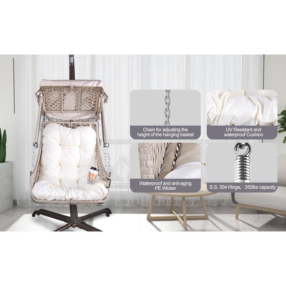 Beige Outdoor Egg Chair with White Cushions and Steel Frame