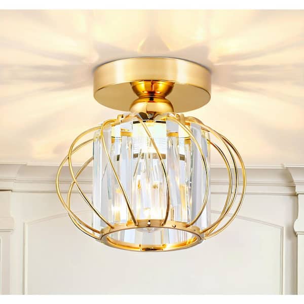 YANSUN 7 in. 1-Light Gold Modern Crystal Cage Semi Flush Mount Ceiling Light Perfect for Living Room, Hallway, or Entryway