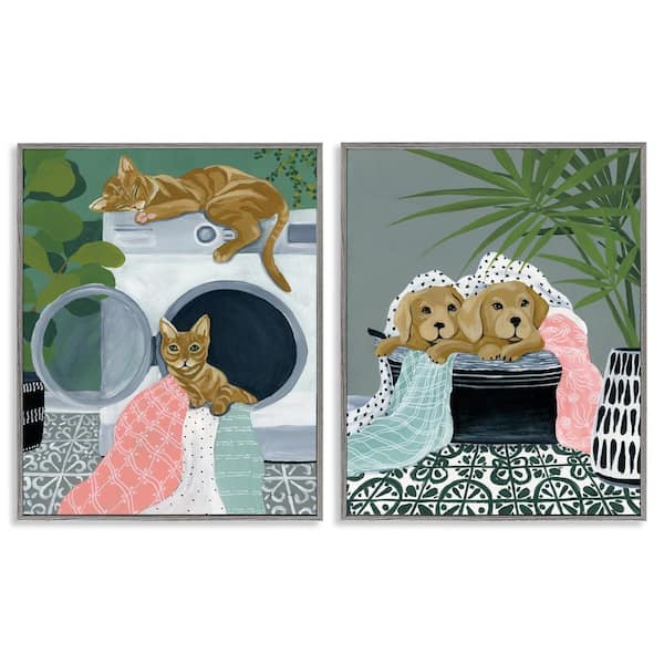 Stupell Industries Cats & Dogs Laundry Room by Yvette St. Amant 2 Pieces Gray Framed Animal Giclee Art Print 20 in. x 16 in.