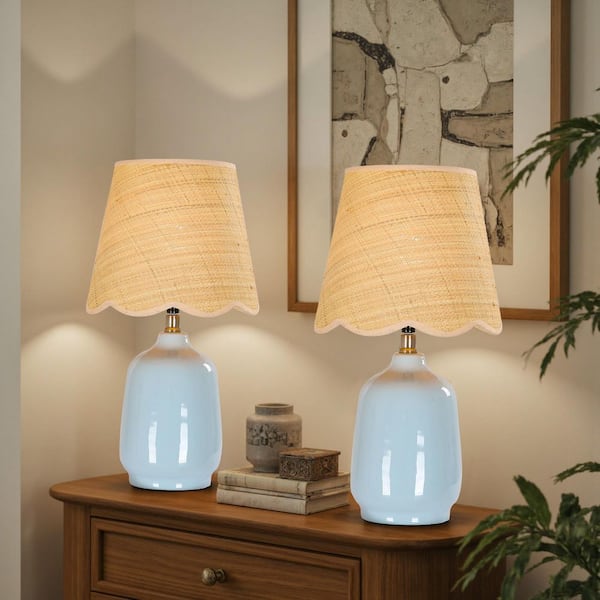 18.9 in. Light Blue Ceramic Table Lamp Set with Rattan Shade and Cable for Bedroom Nightstand and Living Room (Set of 2)