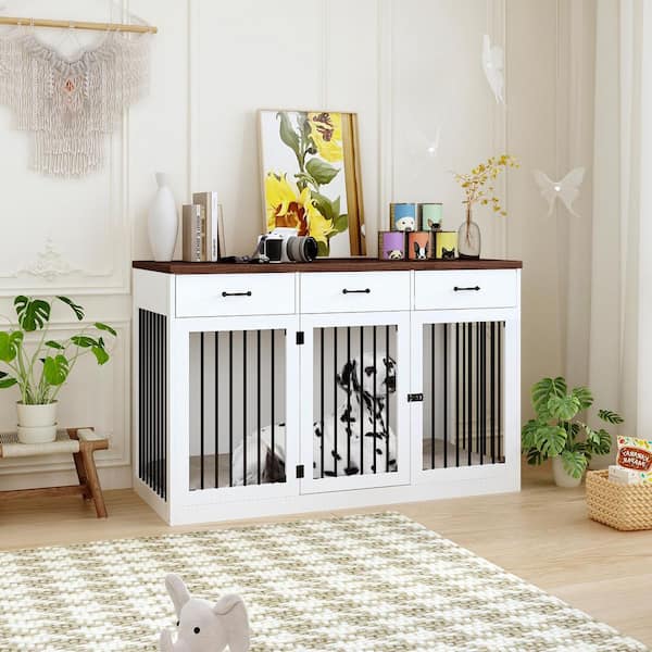 FUFU&GAGA Large Dog Cage Storage Cabinet, Dog House Furniture Style Dog Crate with 3 Drawers for Medium Small Dogs, White
