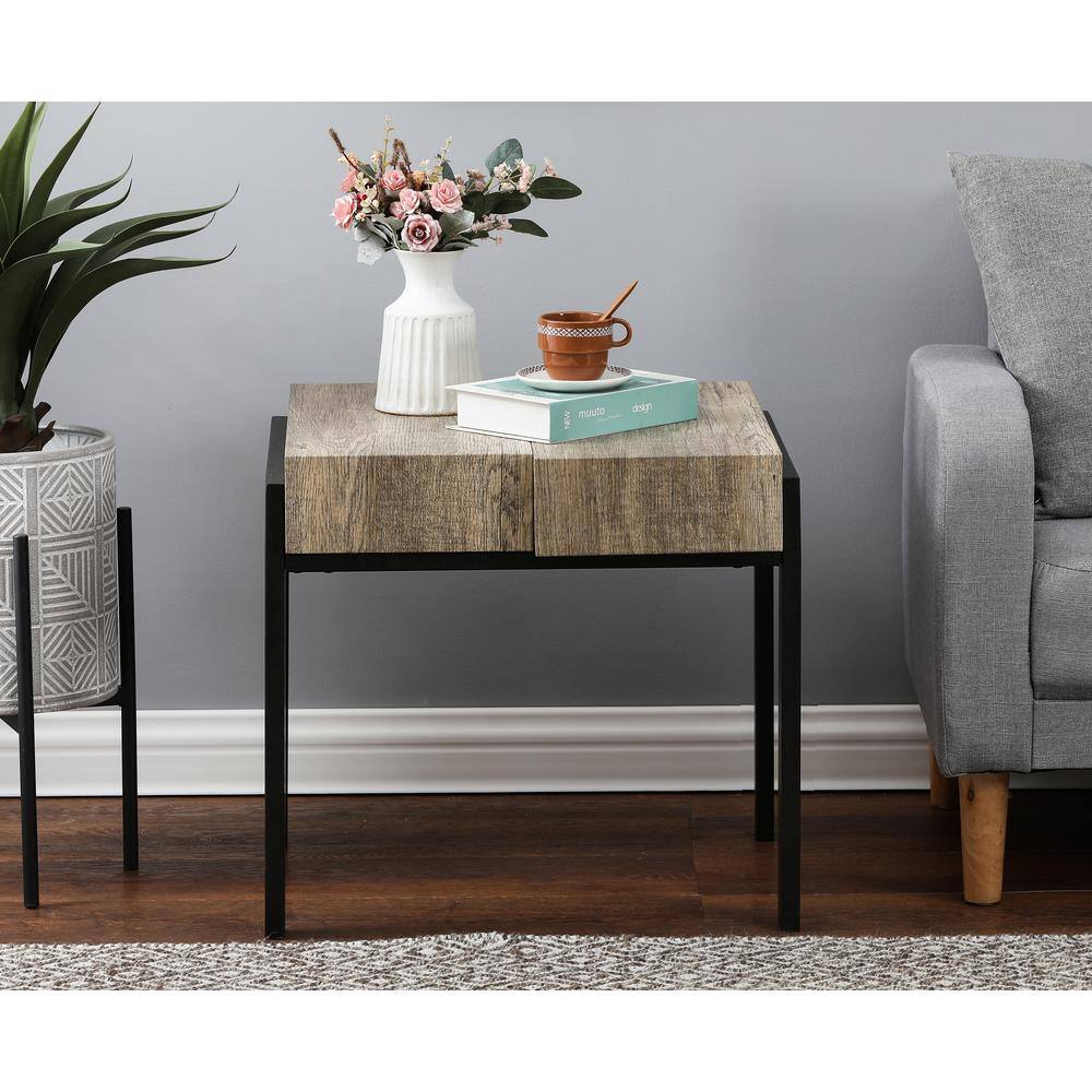 Rustic Oak & Black Metal Dual-Tier End Table