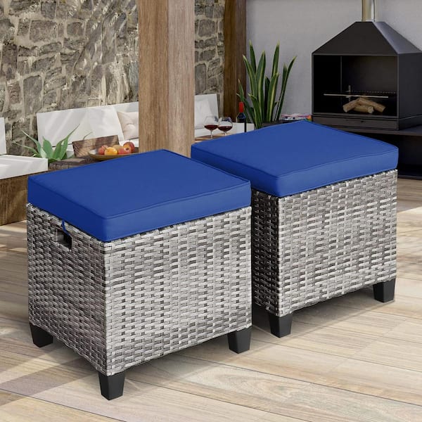 Unbranded 16 in. D x 16 in. W x 18 in. H Grey Rattan Wicker Outdoor Ottoman with Removable Navy Cushion (2-Pack)