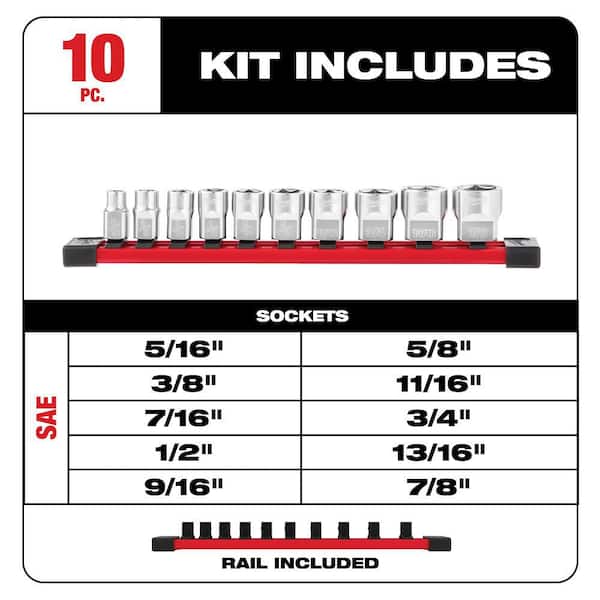 3/8 in. SAE Low Profile 6-Point Socket Set with FOUR FLAT Sides (10-Piece)