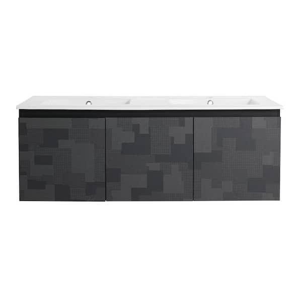 Unbranded 48 in. W x 18 in. D x 17 in. H Wall Mounted Bath Vanity in Black with White Ceramic Top