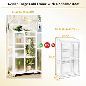 31.5 in. W x 22.4 in. D x 62 in. H Wood Greenhouse Balcony Portable Cold Frame with Wheels and Adjustable Shelves White