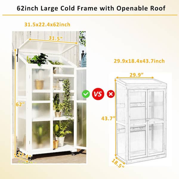 Unbranded 31.5 in. W x 22.4 in. D x 62 in. H Wood Greenhouse Balcony Portable Cold Frame with Wheels and Adjustable Shelves White