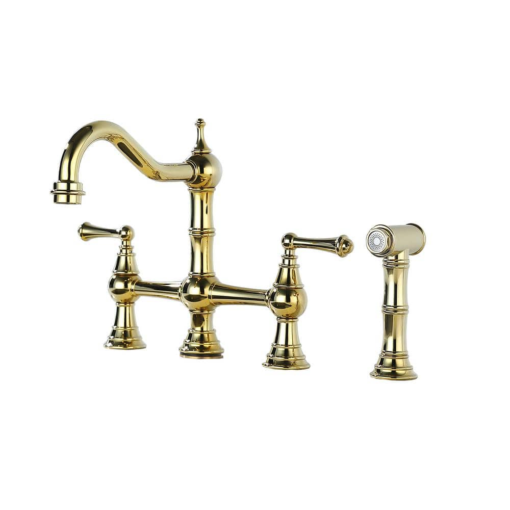 Double Handle Bridge Kitchen Faucet With Side Sprayer In Polished Gold   Polished Gold Bridge Kitchen Faucets T C025pg 64 1000 