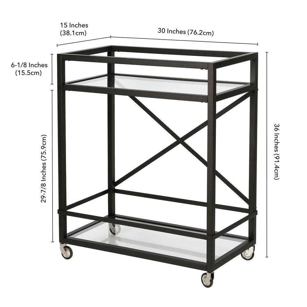 Modern Blackened Bronze Metal Bar Cart with Glass Shelves