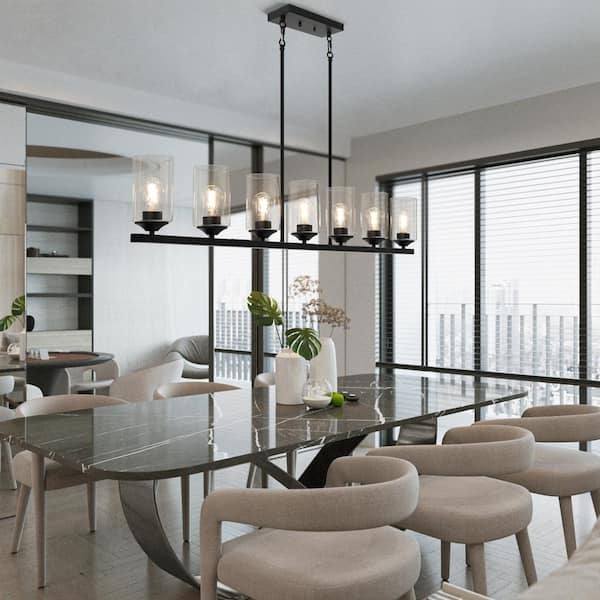 Modern 53.1 in. 7-Light Black Chandelier Clear Glass Shades Industrial Island Lights for Kitchen Island and Dining Table