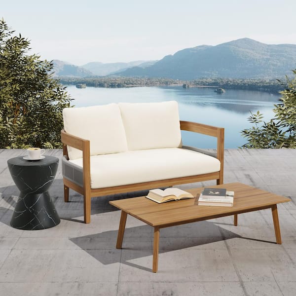 Harper & Bright Designs 2-Piece Wood Patio Conversation Set with Beige Cushion, Outdoor Loveseat and Coffee Table Set