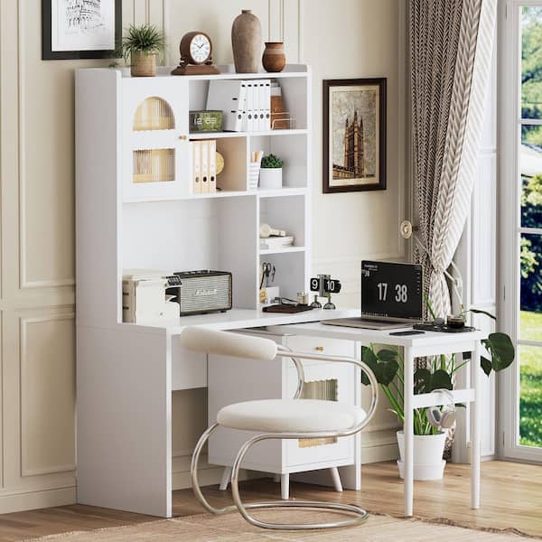 43.1 in. W White Wood Computer Desk with Shelves, Glass Door Removable Cabinet with 360° Rotating Desktop