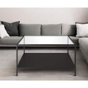 32 in. Black Square Glass Coffee Table with Shelves;Storage