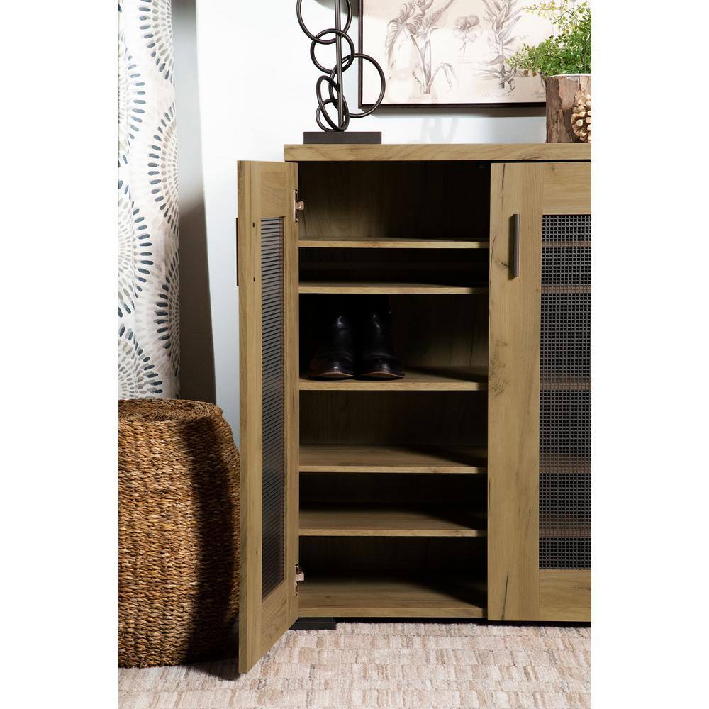 Golden Oak and Gunmetal Mesh Door Accent Cabinet