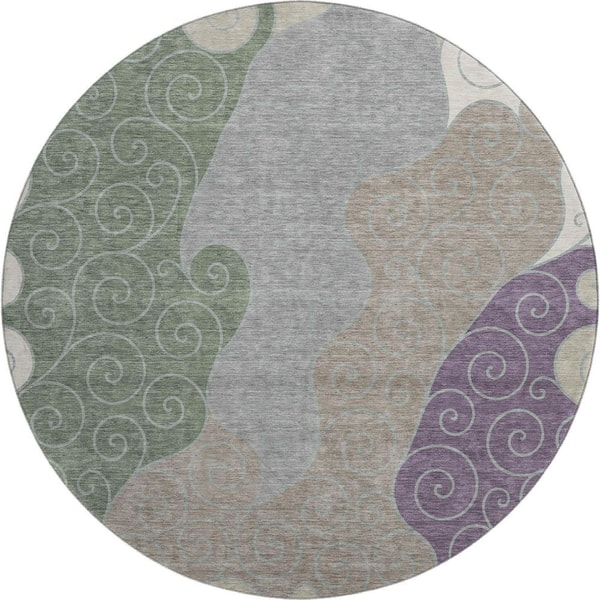 Mayfield Premium Machine Washable Abstract AMF2464 Pewter 8 ft. x 8 ft. Round Rug