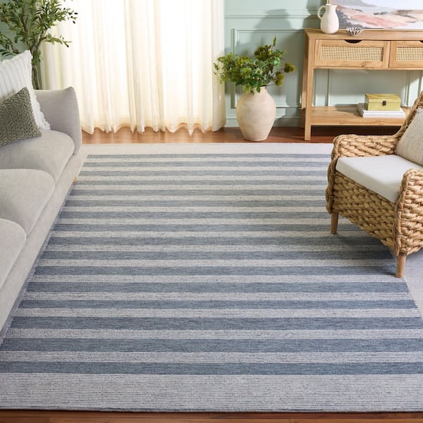 Pine 8 ft. x 10 ft. Blue/Ivory Coastal Framed Stripe Area Rug