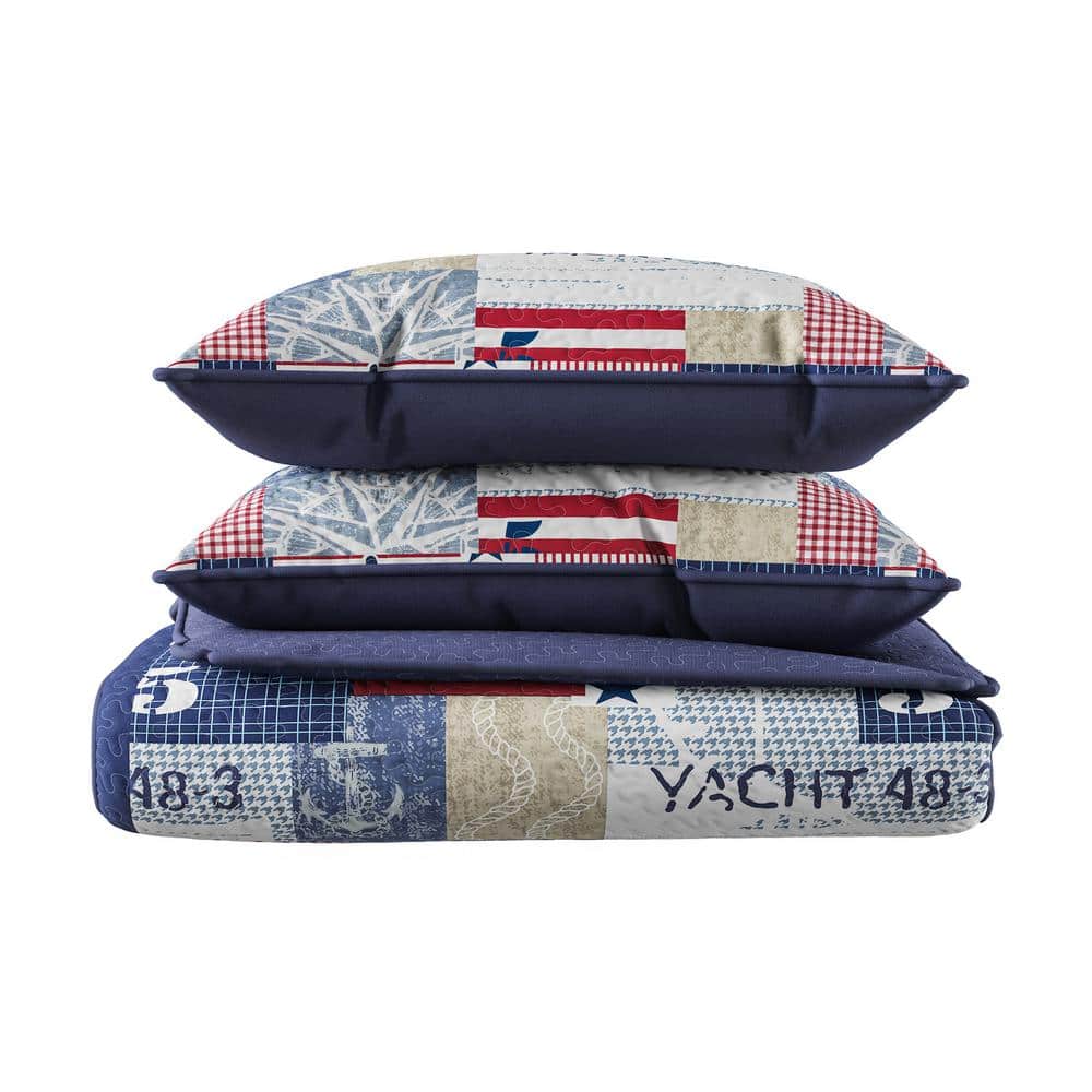 Twin White Microfiber Reversible Nautical Americana Bedspread Set
