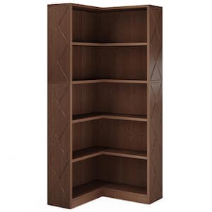 Eulas 70.9in. Tall Brown Wood Corner Bookcase with 5 Open Shelves and Backboard, Large Corner Shelf for Home Office