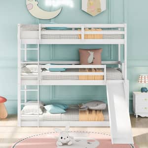 White Detachable Twin Size Triple Kids Bunk Bed with Slide and 2 Ladders, Twin Over Twin Over Twin Wood Bunk Bed Frame