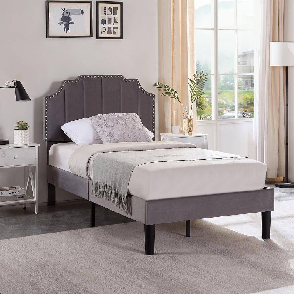 Crown Mark Twin Platform Bed – Upholstered Tufted Headboard, Gray Fabric, Wood Frame