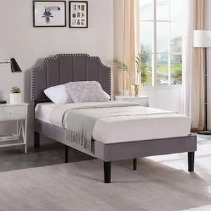 Upholstered Bed Gray Metal Plus Wood Frame Twin Platform Bed with Tufted Adjustable Headboard/Mattress Foundation