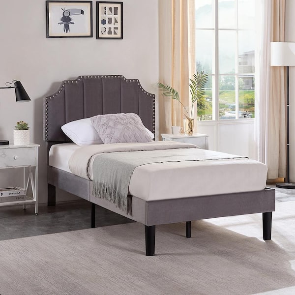 VECELO Upholstered Bed Gray Metal Plus Wood Frame Twin Platform Bed with Tufted Adjustable Headboard/Mattress Foundation